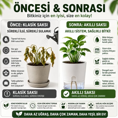 Akıllı Saksı Kendinden Sulamalı Fitilli Modern Dekoratif Saksı 2 Litre