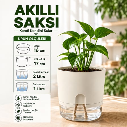 Akıllı Saksı Kendinden Sulamalı Fitilli Modern Dekoratif Saksı 2 Litre