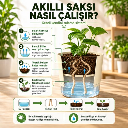 Akıllı Saksı Kendinden Sulamalı Fitilli Modern Dekoratif Saksı 2 Litre