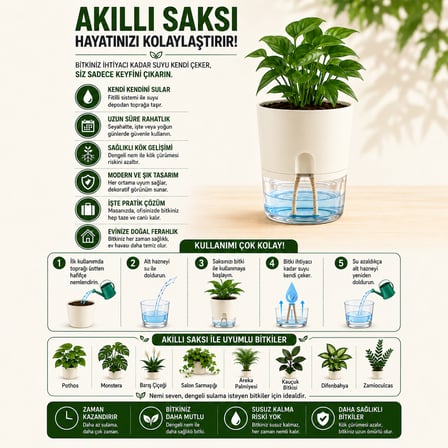Akıllı Saksı Kendinden Sulamalı Fitilli Modern Dekoratif Saksı 2 Litre