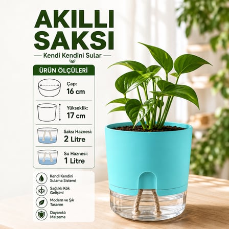 Akıllı Saksı Kendinden Sulamalı Fitilli Modern Dekoratif Saksı 2 Litre