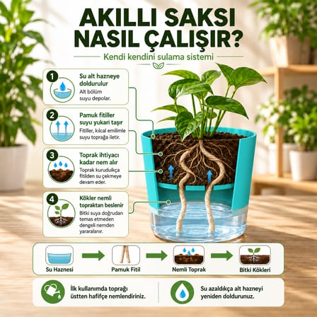 Akıllı Saksı Kendinden Sulamalı Fitilli Modern Dekoratif Saksı 2 Litre