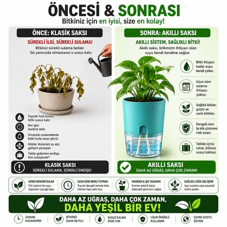 Akıllı Saksı Kendinden Sulamalı Fitilli Modern Dekoratif Saksı 2 Litre