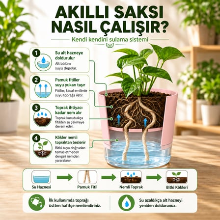 Akıllı Saksı Kendinden Sulamalı Fitilli Modern Dekoratif Saksı 2 Litre