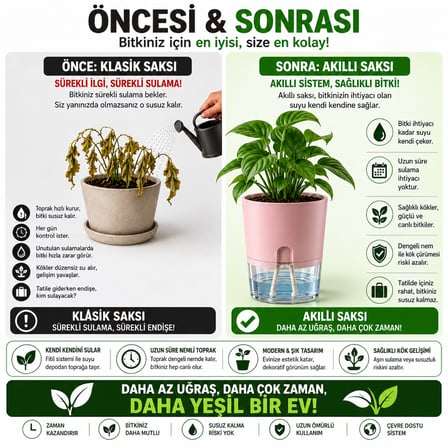 Akıllı Saksı Kendinden Sulamalı Fitilli Modern Dekoratif Saksı 2 Litre