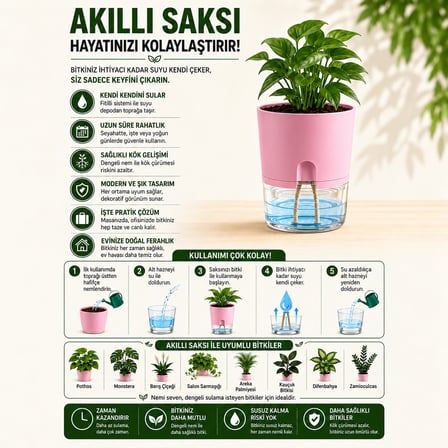 Akıllı Saksı Kendinden Sulamalı Fitilli Modern Dekoratif Saksı 2 Litre