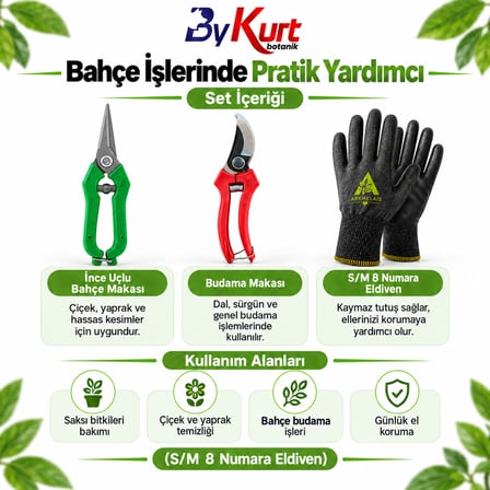 Bahçe Bakım Seti Üçlü Budama Makası Hasat Makası Eldiven 3 Parça