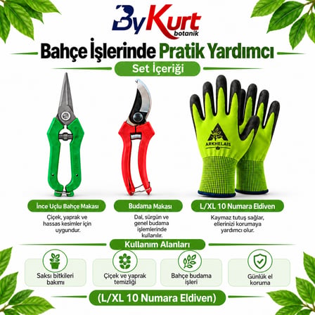 Bahçe Bakım Seti Üçlü Budama Makası Hasat Makası Eldiven 3 Parça