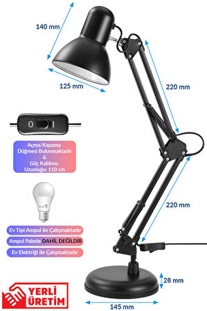 Akrobat Masa Lambası Yaylı Metal 360° Ayarlanabilir Çalışma Okuma Lambası Siyah