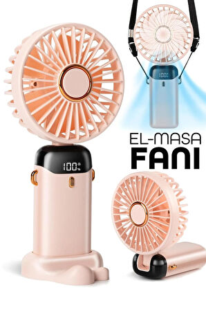 LCD Ekranlı Şarjlı El Fanı Mini Vantilatör 5 Kademe Sessiz Boyun Askılı Pembe Fan