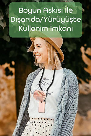 LCD Ekranlı Şarjlı El Fanı Mini Vantilatör 5 Kademe Sessiz Boyun Askılı Pembe Fan