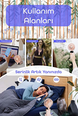 LCD Ekranlı Şarjlı El Fanı Mini Vantilatör 5 Kademe Sessiz Boyun Askılı Pembe Fan