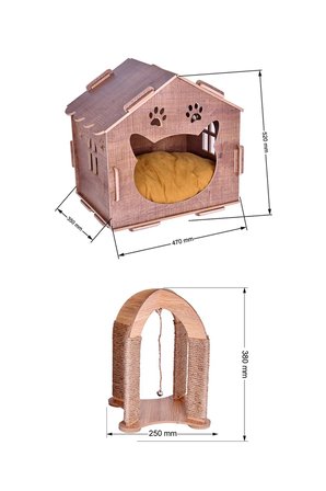 Mini Şato Kalın Ahşap Lüks Kedi Evi Ve Çift Taraflı Kedi Tırmalama