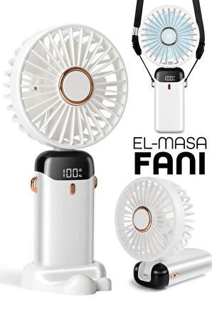 LCD Ekranlı Şarjlı El Fanı Mini Vantilatör 5 Kademe Sessiz Boyun Askılı Beyaz Fan