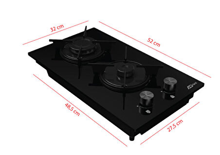 AdGaz Siyah Set Üstü LPG (Tüplü) Gaz Emniyetli Otomatik Çakmaklı Cam Ocak