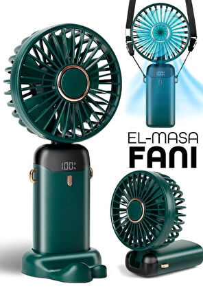 LCD Ekranlı Şarjlı El Fanı Mini Vantilatör 5 Kademe Sessiz Boyun Askılı Yeşil Fan