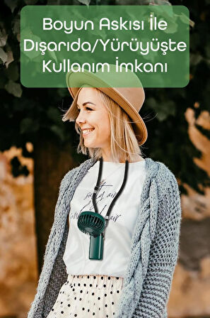 LCD Ekranlı Şarjlı El Fanı Mini Vantilatör 5 Kademe Sessiz Boyun Askılı Yeşil Fan