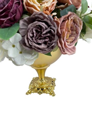 Yapay Çiçek Ve Latex Aranjmanı Döküm Ayaklı Yuvarlak Metal Gold Vazolu Masa Üstü Çiçeği Arajman 83495