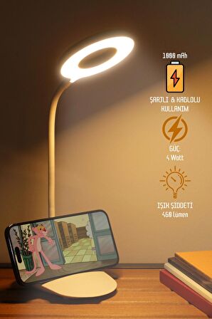 Şarjlı Masa Lambası Dokunmatik 3 Renk 24 Led Telefon Standlı Kademeli Çalışma Okuma Işığı