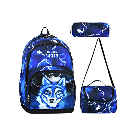 Hungry Wold Kurt Okul Çantası + Termal Beslenme + Kalemlik Kurt Çanta İlkokul Çantası Sırt Çantası
