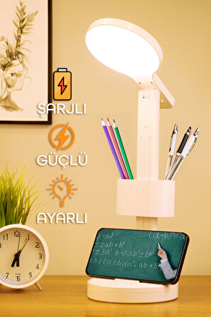 Şarjlı LED Masa Lambası Kalemlik Telefon Standlı Renk Ayarlı Dokunmatik Dimmer S9