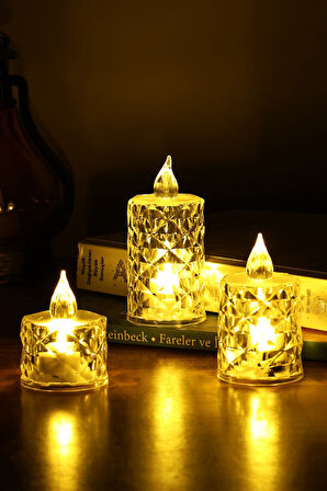 3’lü Elmas Kristal Desenli LED Mum Seti Pilli Dumansız Alevli Dekoratif Yapay Mum