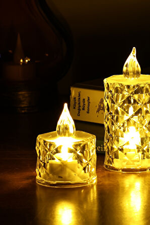 3’lü Elmas Kristal Desenli LED Mum Seti Pilli Dumansız Alevli Dekoratif Yapay Mum