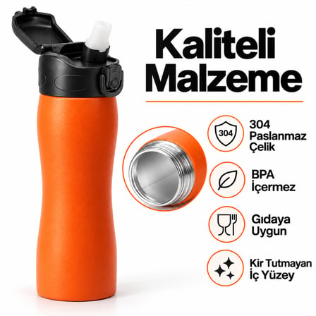 Pipetli Matara  Paslanmaz Çelik BPA İçermez Taşınabilir Spor Suluk Turuncu 750 ml