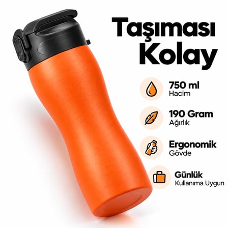 Pipetli Matara  Paslanmaz Çelik BPA İçermez Taşınabilir Spor Suluk Turuncu 750 ml