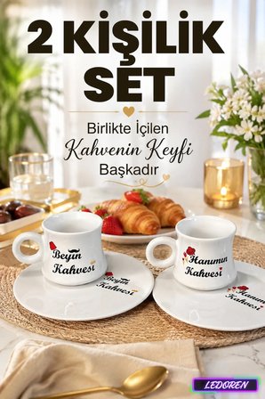 2'li Aile Fincan Takımı Evin Hanımı Evin Beyi 93 ml Türk Kahvesi Fincanı Hediye Kupa Seti
