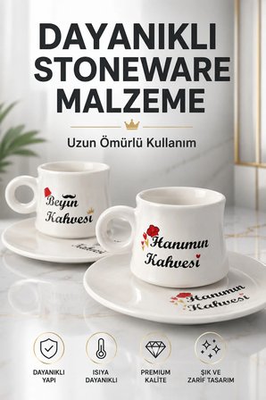 2'li Aile Fincan Takımı Evin Hanımı Evin Beyi 93 ml Türk Kahvesi Fincanı Hediye Kupa Seti