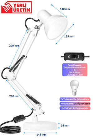 Akrobat Masa Lambası Yaylı Metal 360° Ayarlanabilir Çalışma Okuma Lambası Beyaz
