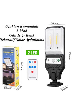 2 Ledli Gün Işığı Kumandalı 3 Mod Solar Sokak,Bahçe,Yol Aydınlatması Hareket Sensörlü Işık