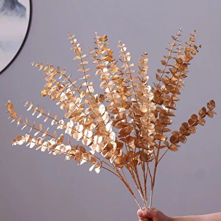 Yapay Çiçek Gold Altın Renk Okaliptus 3Dallı Uzun Dal 76cm Eucalyptus