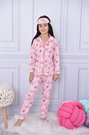 Yeni Sezon Kız Çocuk Düğmeli Pijama Takımı Oyuncak Bebek Baskılı Göz Bandı Dahil