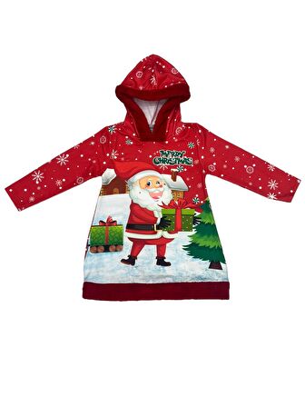 Şardonlu Yeni Yıl Yılbaşı Noel  Baba Santa Tema Baskılı Kapüşonlu Peluş Detay Mini Elbise