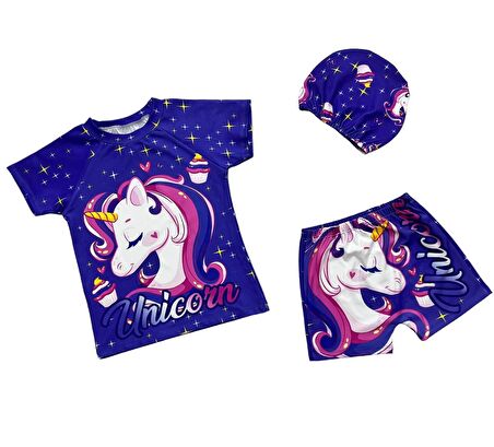 Yeni Sezon Kız Çocuk Hipster Şort Mayo T-shirt Bone 3'lü Takım Güneş Koruma Hassas Ten Unicorn Baskı Desen
