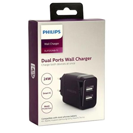 Philips Akıllı Şarj Cihazı 24W 2.4A Çift Usb Çıkışlı Dlp3312Nb (533426065)