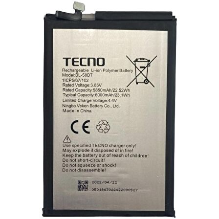 Tecno Pouvoır 4 Pro Pil Batarya Bl-58bt