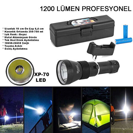 1200 LÜMEN PROFESYONEL ŞARJLI EL FENERİ WATTON WT-655