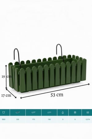 Balkon Saksısı Çit Saksı YEŞİL Renk Metal Askı Aparatlı Dekoratif Balkon Saksı 9lt  53cm ib02