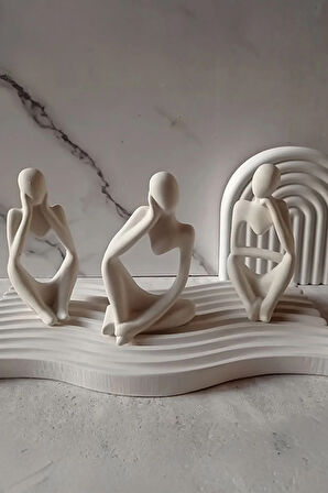 4'lü Beyaz Dekoratif Düşünen Adam Ve Beton Tabak Seti