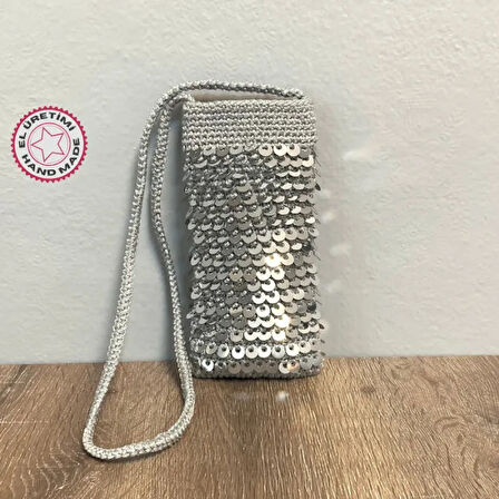 Uretti - Rukiye 7294 - El Yapımı Makrome İp Payetli Telefon Çanta 20cm - Gri