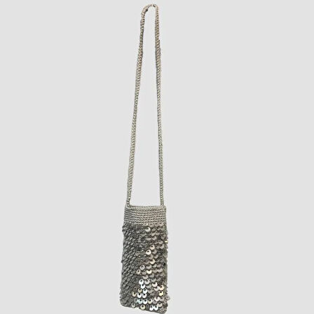 Uretti - Rukiye 7294 - El Yapımı Makrome İp Payetli Telefon Çanta 20cm - Gri