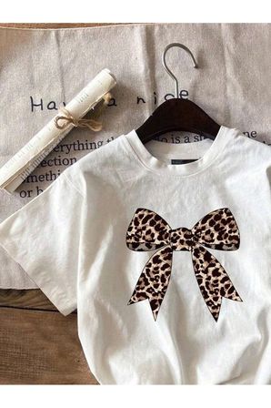 Unisex Leopar Desenli Kurdele Baskılı Tasarım Tshirt