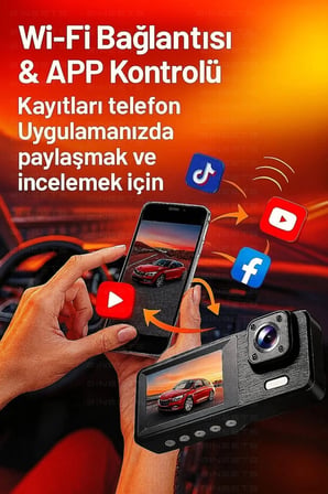 Wifi 1080p Araç içi 3 Kameralı Lcd Ekranlı Gece Görüşlü , G-sensör , Geri Görüş Kamera