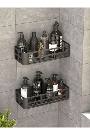 Banyo Duş Rafı 2'li Yapışkanlı ve Deliksiz Duş Organizer Suya Dayanıklı Siyah Raf