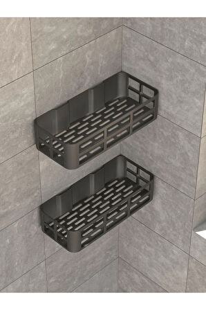Banyo Duş Rafı 2'li Yapışkanlı ve Deliksiz Duş Organizer Suya Dayanıklı Siyah Raf