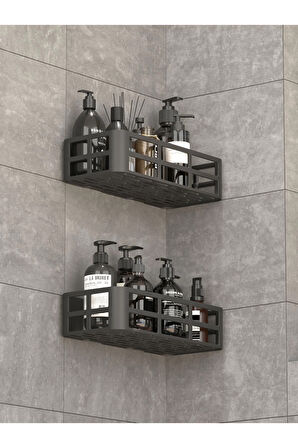 Banyo Duş Rafı 2'li Yapışkanlı ve Deliksiz Duş Organizer Suya Dayanıklı Siyah Raf