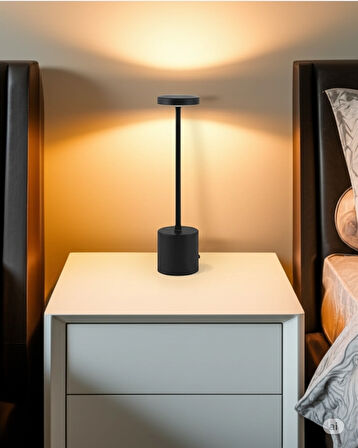 3 Işık Renkli Şarjlı Dim Edilebilir Lüks Masa Lambası Gece Lambası Siyah Renk